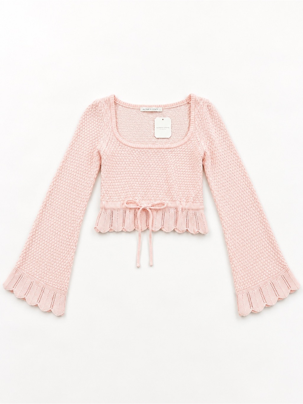 Alter’d State Light Pink Scoop-Neck Cropped Tie-Front Sweater